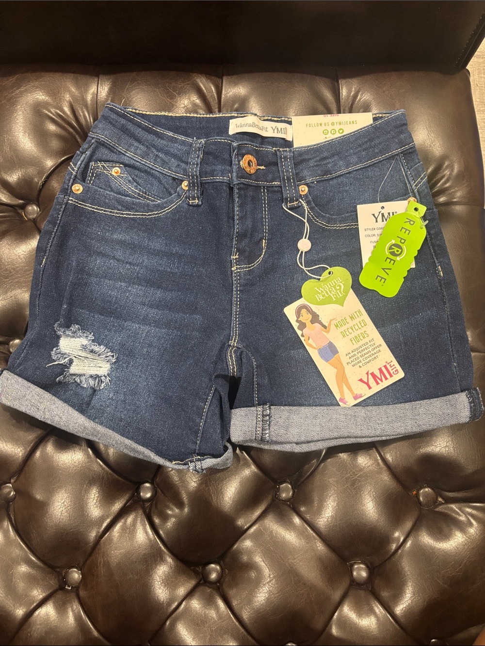 YMI Dark Blue Rolled Cuff Denim Shorts with Light Distress